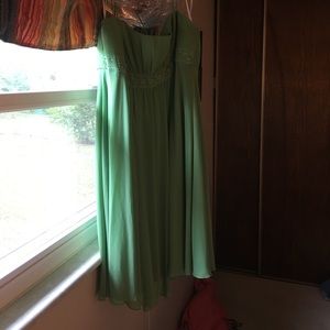 Green David’s Bridal plus size bridesmaid dress